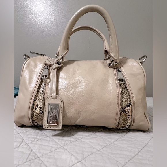 Badgely Mischa Vintage Crème Leather Boston Bag Satchel Expandable Snakeskin - Picture 8 of 10